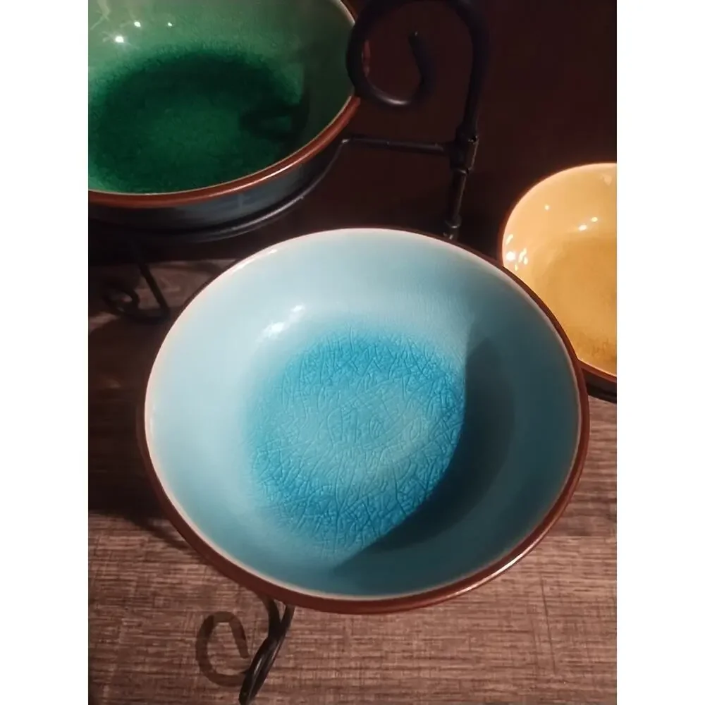 Pier 1 Crackle Bottom Blue Green Yellow Bowls Stoneware Ramekin Dip Set Stand